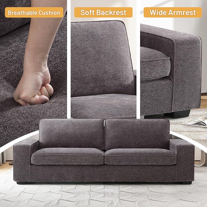EASELAND Sofa Couch, 88" Chenille Loveseat for Living Room, 3 Seat Lounge Sofa for Bedroom with Removable Back and Seat Cushions, Modern Deep Comfy Couch with Solid Wood Legs and Armrest (Dark Grey) - LeafyLoom