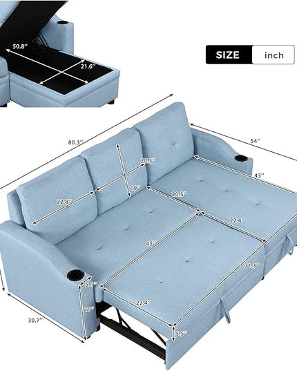 80.3'' L-Shape Convertible Sleeper Sectional Sofa with Storage Chaise and Pull-Out Bed, Linen Upholstered Reversible Corner Couch w/Tufted Cushions &Cup Holder, for Living Room, Apartment - LeafyLoom