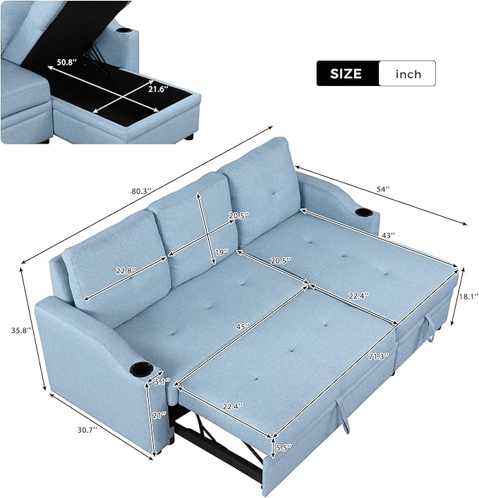 80.3'' L-Shape Convertible Sleeper Sectional Sofa with Storage Chaise and Pull-Out Bed, Linen Upholstered Reversible Corner Couch w/Tufted Cushions &Cup Holder, for Living Room, Apartment - LeafyLoom