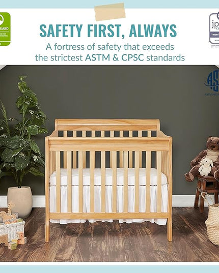 Aden 4-in-1 Convertible Mini Crib in Natural, Greenguard Gold Certified & Sunset 3” Extra Firm Fiber Crib Mattress, Greenguard Gold Certified, Waterproof Vinyl Cover - LeafyLoom