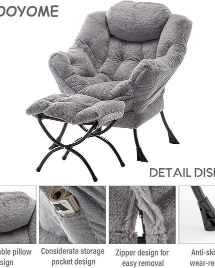 Lazy Chair with Ottoman, Modern Soft Reading Chair Accent Contemporary Lounge Leisure Sofa Chair with Armrests and a Side Pocket for Living Room, Bedroom, Dorm & Office, Plush Grey - LeafyLoom