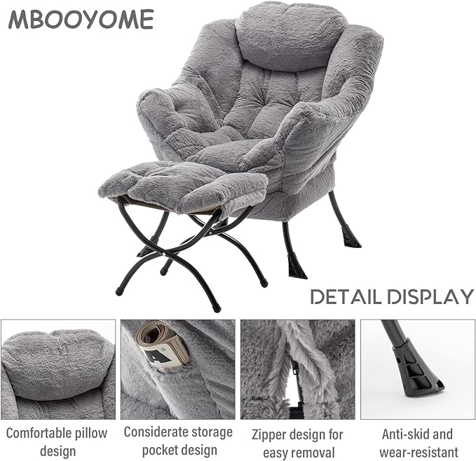 Lazy Chair with Ottoman, Modern Soft Reading Chair Accent Contemporary Lounge Leisure Sofa Chair with Armrests and a Side Pocket for Living Room, Bedroom, Dorm & Office, Plush Grey - LeafyLoom