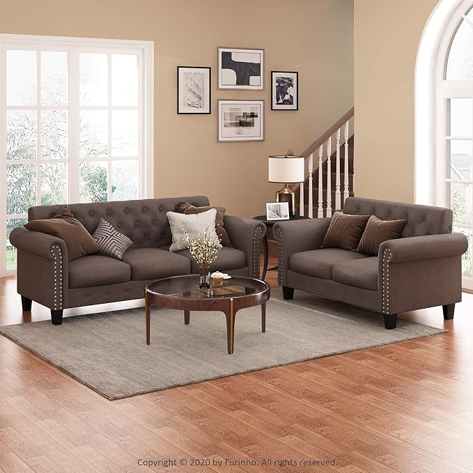 Furinno Bastia Vintage Modern Chesterfield Button Tufted Loveseat/Sofa Couch for Living Room, Brown Faux Leather - LeafyLoom
