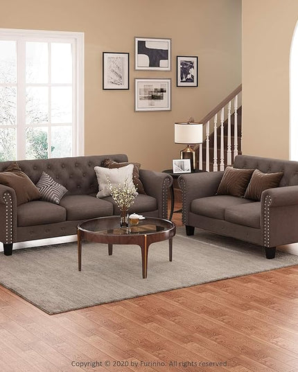 Furinno Bastia Vintage Modern Chesterfield Button Tufted 3-Seater Sofa Couch for Living Room, Brown Faux Leather - LeafyLoom