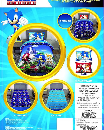 Franco Kids Bedding Super Soft Comforter and Sheet Set, 5 Piece Full Size, Sonic The Hedgehog, Anime - LeafyLoom