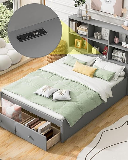 Full Size Platform Bed with Storage Headboard Bookcase, 2 Drawers Underneath and Charging Station, for Bedroom/Guest Room, Gray - LeafyLoom