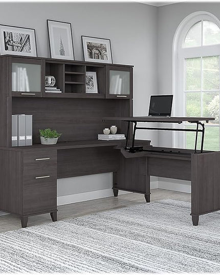 Bush SET015SG Somerset 35-Inch -41-Inch Adjustable Desk with Hutch, Storm Gray - LeafyLoom