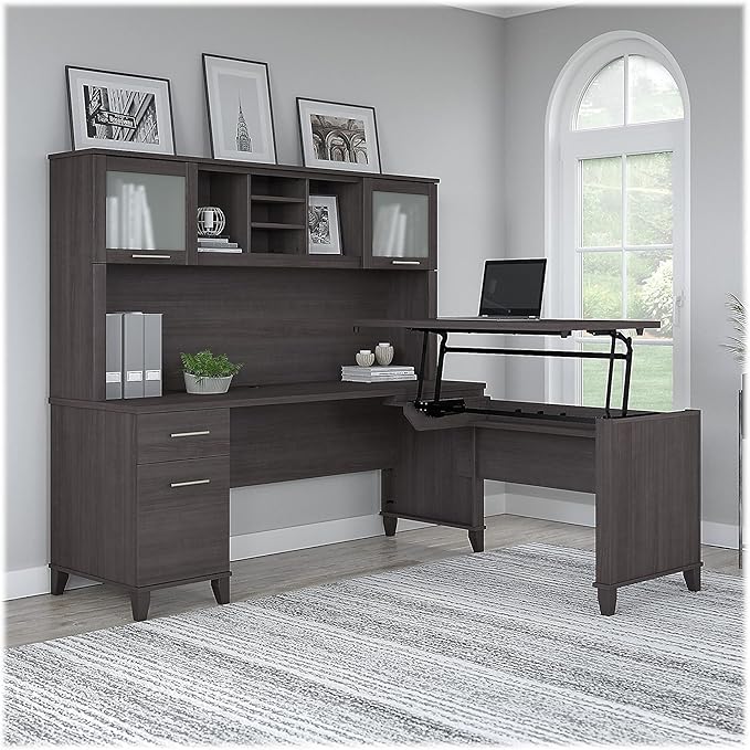 Bush SET015SG Somerset 35-Inch -41-Inch Adjustable Desk with Hutch, Storm Gray - LeafyLoom