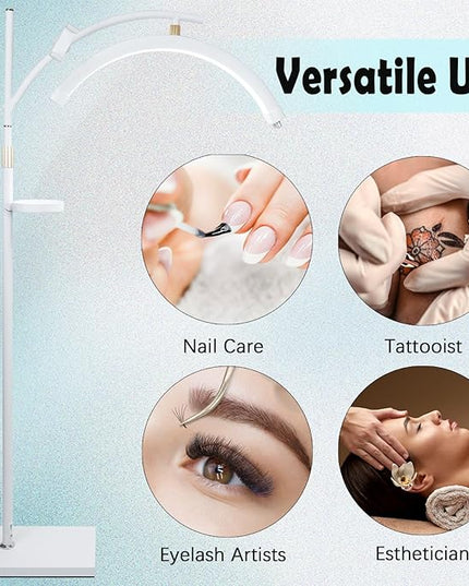 Lash Light Esthetician Lamp for Lash Extensions - LED Floor Lash Lamp Half Moon Ring Facial Light for Eyelash Tech with Pallets & Phone Holder Light for Tattoo Artists, Nail Tech X White - LeafyLoom