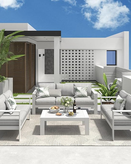 Solaste Aluminum Patio Furniture Set,4 Piece Metal Outdoor Furniture with 5 Inch Water-Resistant Cushions and Coffee Table for Balcony,Front Porch,and Backyard,White - LeafyLoom