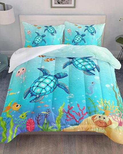 Turtle Comforter Set Full Ocean Watercolor Sea Turtle Bedding Set Nautical Sea Animal Reptile Bed Set with 2 Pillowcases for Kids Room Decor - LeafyLoom