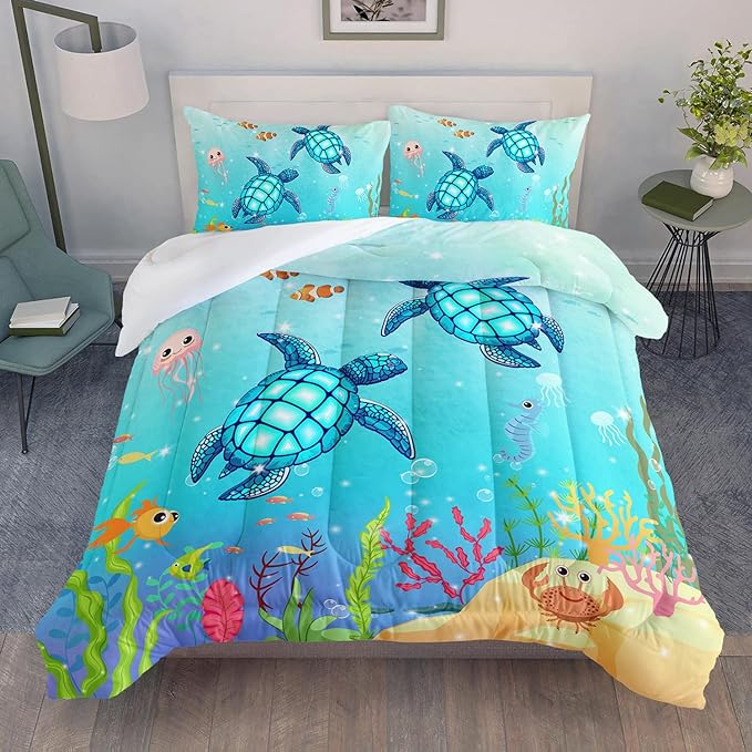 Turtle Comforter Set Twin Ocean Watercolor Sea Turtle Bedding Set Nautical Sea Animal Reptile Bed Set with 2 Pillowcases for Kids Room Decor - LeafyLoom