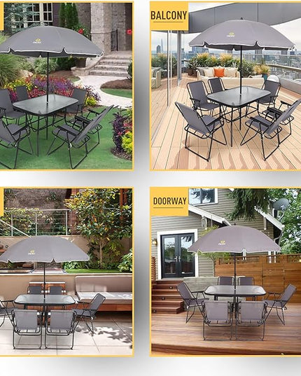 Nice C Outdoor Dining Sets, Patio Furniture Set, 8 Piece Set with Umbrella, Garden Outdoor Furniture Table Set with Tilted Removable Umbrella, Glass Table, and 6 Folding Chairs (Grey) - LeafyLoom