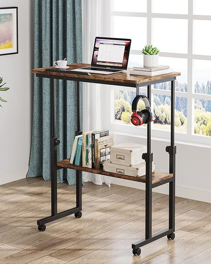 Small Portable Rolling Computer Desk Height Adjustable Standing Table, Brown - LeafyLoom