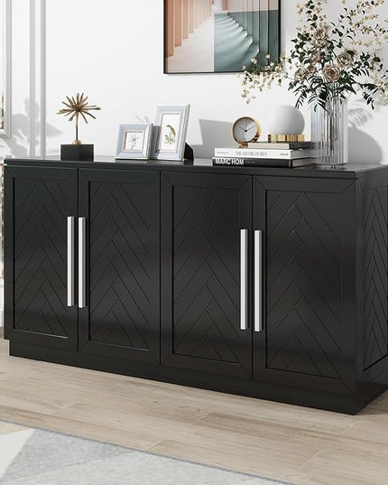 Wooden Sideboard with 4 Doors Large Storage Space,Buffet Cabinet,W/Adjustable Shelves and Silver Handles,Wear-Resistant Performance,for Kitchen,Dining Room,Hallway,Black, 60" - LeafyLoom