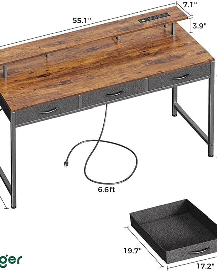 55 inch Computer Desk with 3 Drawers, Office Desk Gaming Desk with LED Lights & Power Outlets, Home Office Desks with Storage Space for Bedroom, Work from Home, Rustic Brown - LeafyLoom