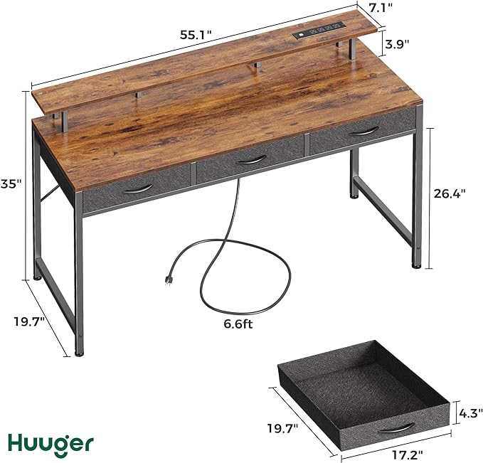 55 inch Computer Desk with 3 Drawers, Office Desk Gaming Desk with LED Lights & Power Outlets, Home Office Desks with Storage Space for Bedroom, Work from Home, Rustic Brown - LeafyLoom