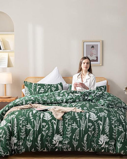 JANZAA King Comforter Set Emerald Comforter Set 3 PCS Bedding Sets Floral Comforter Set Plant Flowers Printed on Fluffy Comforter Set for All Season - LeafyLoom