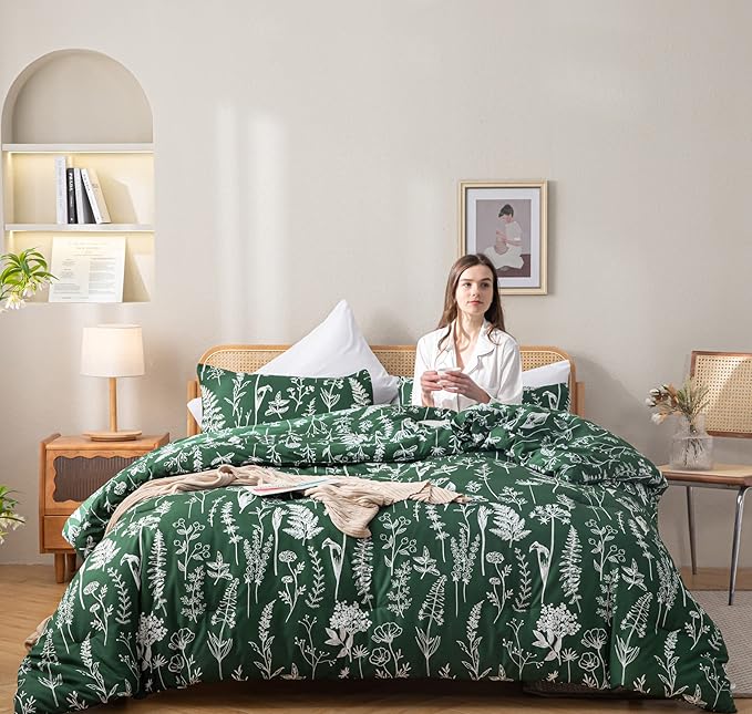 JANZAA King Comforter Set Emerald Comforter Set 3 PCS Bedding Sets Floral Comforter Set Plant Flowers Printed on Fluffy Comforter Set for All Season - LeafyLoom