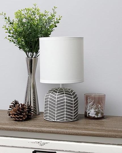 Simple Designs LT1137-GRY 10.43" Petite Contemporary Webbed Waves Base Bedside Table Desk Lamp w White Fabric Drum Shade for Home Decor, Bedroom, Living Room, Entryway, Office, Gray - LeafyLoom
