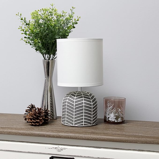 Simple Designs LT1137-GRY 10.43" Petite Contemporary Webbed Waves Base Bedside Table Desk Lamp w White Fabric Drum Shade for Home Decor, Bedroom, Living Room, Entryway, Office, Gray - LeafyLoom