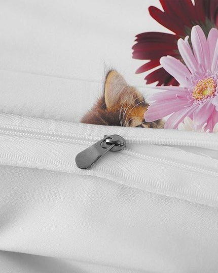 Cat Comforter Set Queen Size for Kids Pink Flowers Cats 3Pcs Bedding Set for boys and Girls (1Summer Comforter+ 2 Pillowcases) Lovely Animal Pets Duvet Set - LeafyLoom