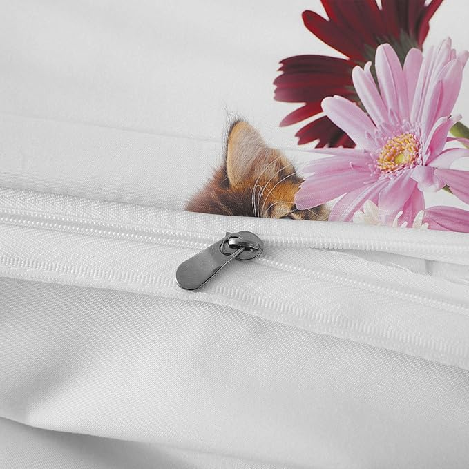 Cat Comforter Set Queen Size for Kids Pink Flowers Cats 3Pcs Bedding Set for boys and Girls (1Summer Comforter+ 2 Pillowcases) Lovely Animal Pets Duvet Set - LeafyLoom