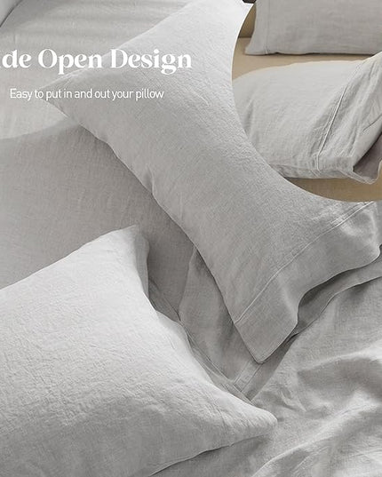 Simple&Opulence 100% Washed Linen Sheet Set-King Size-Natural France Flax Bed Sheet-4 Pcs Breathable,Ultra Soft,Farmhouse Bedding (1 Flat Sheet,1 Fitted Sheet,2 Pillowcases)-Embroidery Grey - LeafyLoom