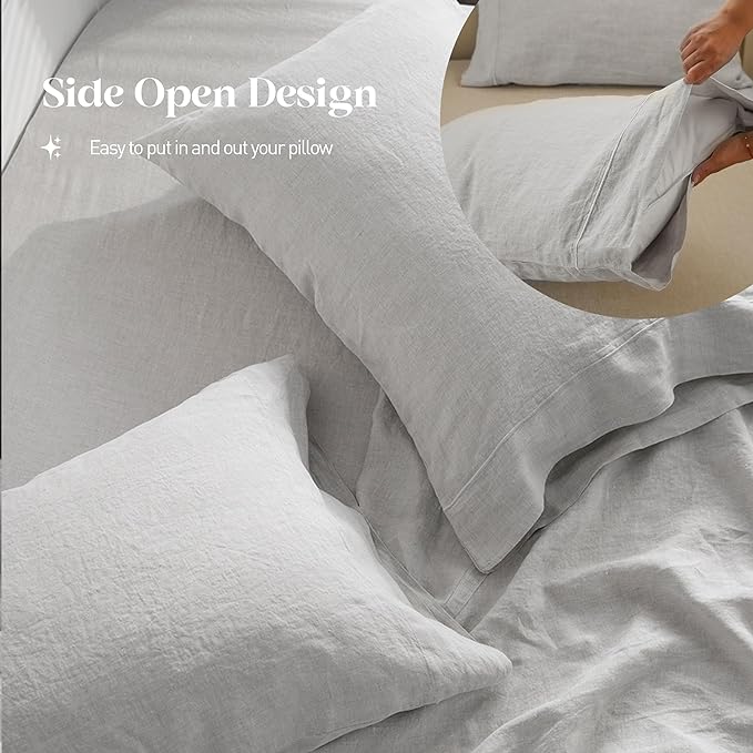 Simple&Opulence 100% Washed Linen Sheet Set-King Size-Natural France Flax Bed Sheet-4 Pcs Breathable,Ultra Soft,Farmhouse Bedding (1 Flat Sheet,1 Fitted Sheet,2 Pillowcases)-Embroidery Grey - LeafyLoom