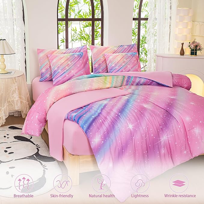 Twin Comforter Set for Girls Galaxy Bedding 7pieces, Ombre Bedding Comforter Sets Rainbow Comforter Glitter Bedding Twin Teen Comforter Sets for Girls - LeafyLoom