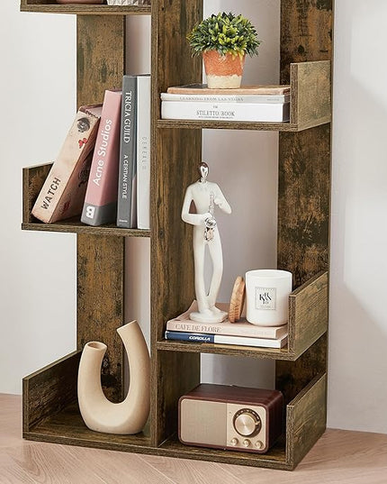 VECELO 8 Shelf Tree Bookcase,Wooden Tree Bookshelf Display with 8 Storage Shelves,Tree-Shaped Shelf Racks Organizer for Books,Magazines,CDs Decors for LivingRoom Bedroom Home Office,Rustic Brown - LeafyLoom