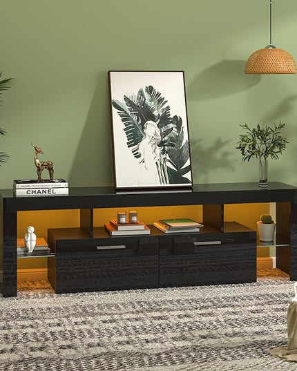 Clikuutory Modern LED 63 inch Long TV Stand with Large Storage Drawer for 50 55 60 65 70 75 Inch TVs, Black Wood TV Console with High Glossy Entertainment Center for Living Room, Bedroom, Black - LeafyLoom