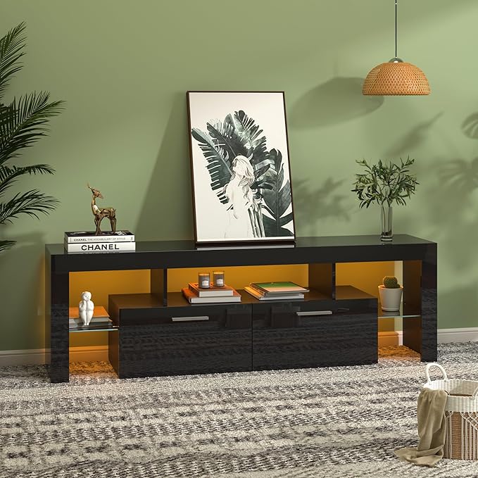 Clikuutory Modern LED 63 inch Long TV Stand with Large Storage Drawer for 50 55 60 65 70 75 Inch TVs, Black Wood TV Console with High Glossy Entertainment Center for Living Room, Bedroom, Black - LeafyLoom