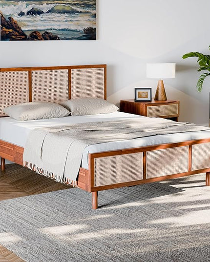 Bme Nancy Signature Bed Frame, Queen Bed Frame and Headboard Unique Geometric, Mid Century Modern, Solid Acacia Wood, No Box Spring Needed, 12 Strong Wood Slats Support, Easy Assembly, Dark Chocolate - LeafyLoom