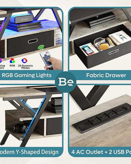 Bestier Gaming TV Stands for Living Room with Power Outlets LED Entertainment Center for TV up to 65 Inch 55” TV Game Console for Living Room Bedroom Removable Drawer 20 Dynamic RGB Modes, Wash Grey - LeafyLoom