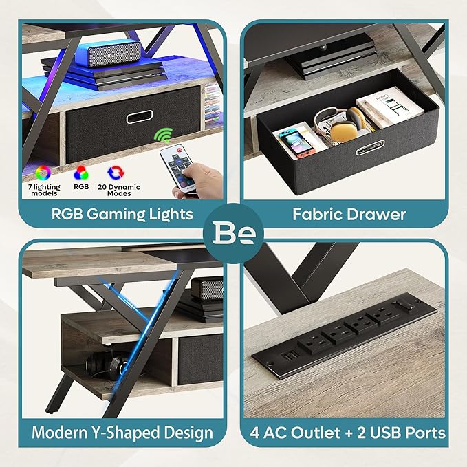 Bestier Gaming TV Stands for Living Room with Power Outlets LED Entertainment Center for TV up to 65 Inch 55” TV Game Console for Living Room Bedroom Removable Drawer 20 Dynamic RGB Modes, Wash Grey - LeafyLoom