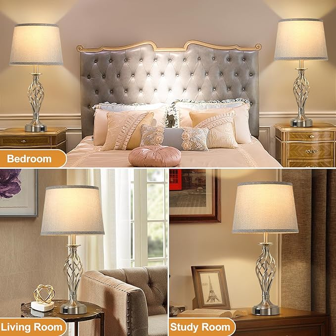 Nightstand Table Lamps for Bedrooms Set of 2 with USB C+A, Bedside Lamps with Spiral Cage Base, Tall Living Room Lamps for End Tables, Modern Night Stand Lamps for Bed Side Guest Room Bulbs Included - LeafyLoom