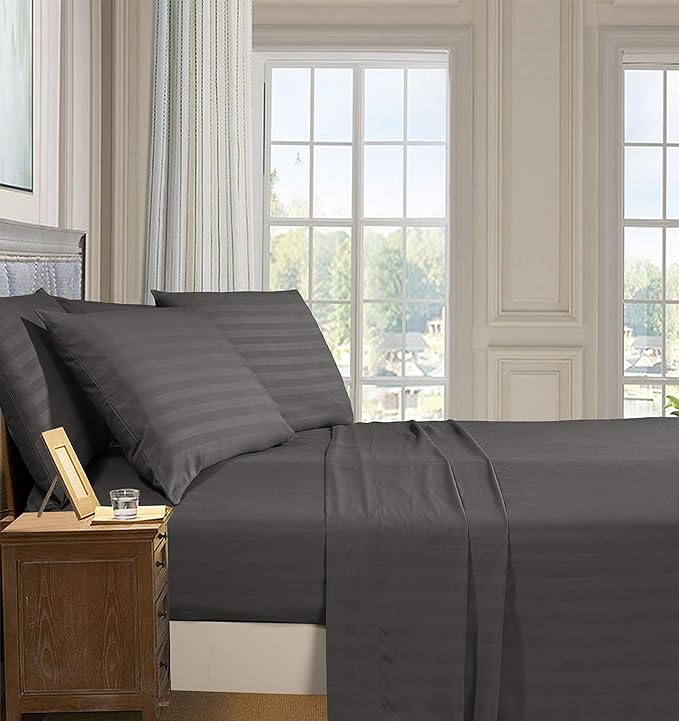 Elegant Comfort Softest and Coziest 4-Piece Sheet Set - 1500 Premium Hotel Quality Microfiber - Luxurious Wrinkle Resistant 4-Piece Damask Stripe Bed Sheet Set, Twin, Grey - LeafyLoom