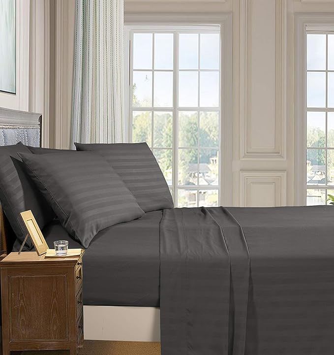 Elegant Comfort Best, Softest, Coziest 6-Piece Sheet Sets! - 1500 Premier Hotel Quality Luxurious Wrinkle Resistant 6-Piece DAMASK STRIPE Bed Sheet Set, California King Grey - LeafyLoom