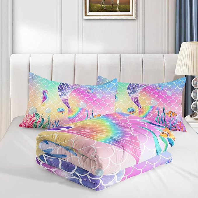 Bedding Comforter Set Rainbow Pink Mermaid Tail Printed Pattern Quilt with 1 and 2 Pillowcases for Girls Bedroom All Season(Rainbow Twin) Twin 68x86inches - LeafyLoom