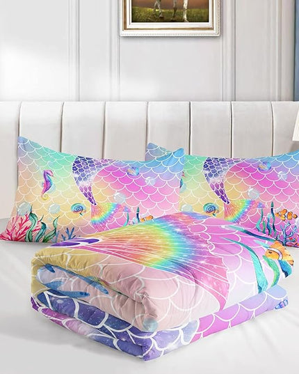 Datura home Bedding Comforter Set Rainbow Pink Mermaid Tail Printed Pattern Quilt with 1 and 2 Pillowcases for Girls Bedroom All Season(Rainbow Full) Full 80x90inches - LeafyLoom