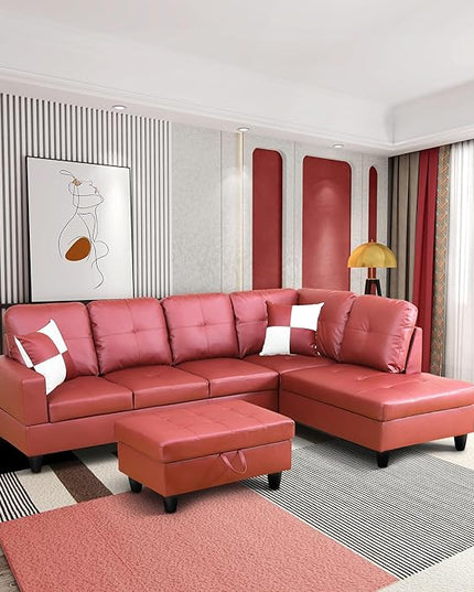 ROOMTEC Button L Shape 3 Piece Sectional Sofa Set, Upholstered Corner Couch with Storage Ottoman, Faux Leather Tufted Cushions, for Living Room, Apartment, Red, 103inch, Pink w/Right Chaise Lounge - LeafyLoom