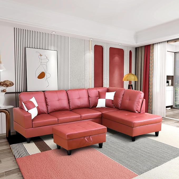 ROOMTEC Button L Shape 3 Piece Sectional Sofa Set, Upholstered Corner Couch with Storage Ottoman, Faux Leather Tufted Cushions, for Living Room, Apartment, Red, 103inch, Pink w/Right Chaise Lounge - LeafyLoom