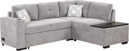 83.8“ L-Shape Sectional Sleeper Sofa with Pull out Bed and Storage Chaise, Chenille Upholstered Couch w/Cup Holder&USB Charge, for Living Room Apartment, 83.8 Inch, Light Gray - LeafyLoom