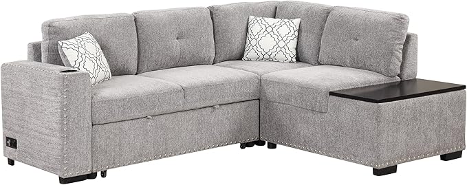 83.8“ L-Shape Sectional Sleeper Sofa with Pull out Bed and Storage Chaise, Chenille Upholstered Couch w/Cup Holder&USB Charge, for Living Room Apartment, 83.8 Inch, Light Gray - LeafyLoom