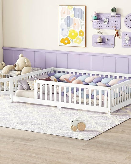 Multifunctional Full Size Floor Bed with Safety Guardrails and Door, Removable Wood Slats, Montessori Beds Frame for Toddlers, Easy Assembly, for Boys and Girls Room, White - LeafyLoom