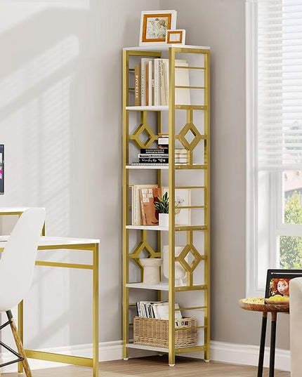 YITAHOME Narrow Bookshelf, 5-Tier White and Gold Book Shelf Storage Rack, Display Shelves Stand Etagere for Small Spaces, Open Bookcase for Bedroom Living Room Bathroom Kitchen, Gold - LeafyLoom