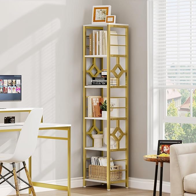 YITAHOME Narrow Bookshelf, 5-Tier White and Gold Book Shelf Storage Rack, Display Shelves Stand Etagere for Small Spaces, Open Bookcase for Bedroom Living Room Bathroom Kitchen, Gold - LeafyLoom