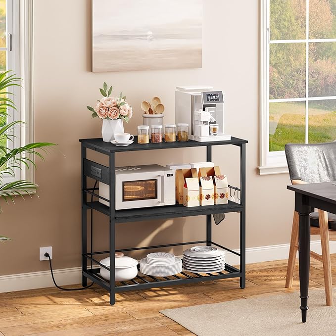 HOOBRO Kitchen Island with Storage, Kitchen Island Table with Power Outlet, 3 Tier Coffee Station and Microwave Stand, for Home, Kitchen and Dining Room, Black BB021ZD01 - LeafyLoom
