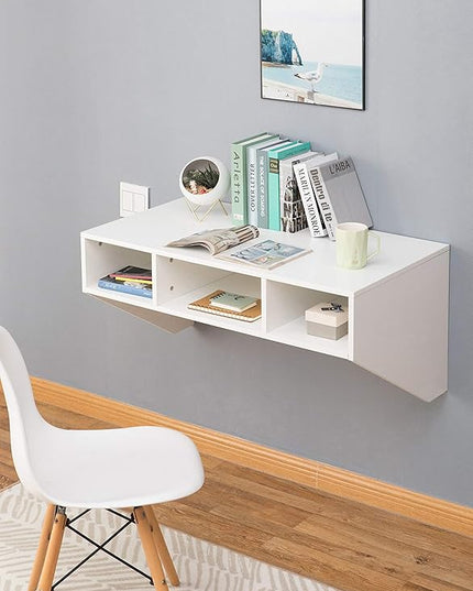 Wall Mounted Office Computer Desk with Three Compartments, White - LeafyLoom